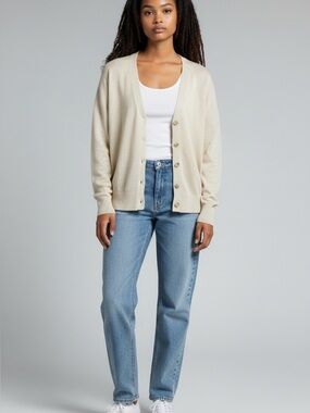 Ladies Bon Worth Ivory Cardigan Button Sweater w/ Metallic Thread size MP